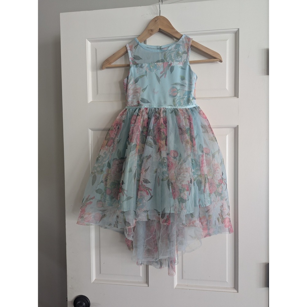 Zunie Girls Size 4-5 Blue Pink Floral Time Overlay Sun Dress Lined High Low Mesh